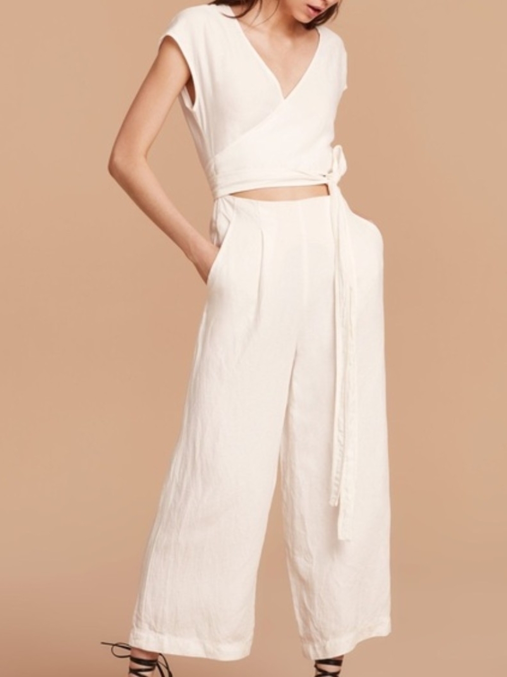 Wilfred Linen Beige Wide-Leg Wrap Jumpsuit